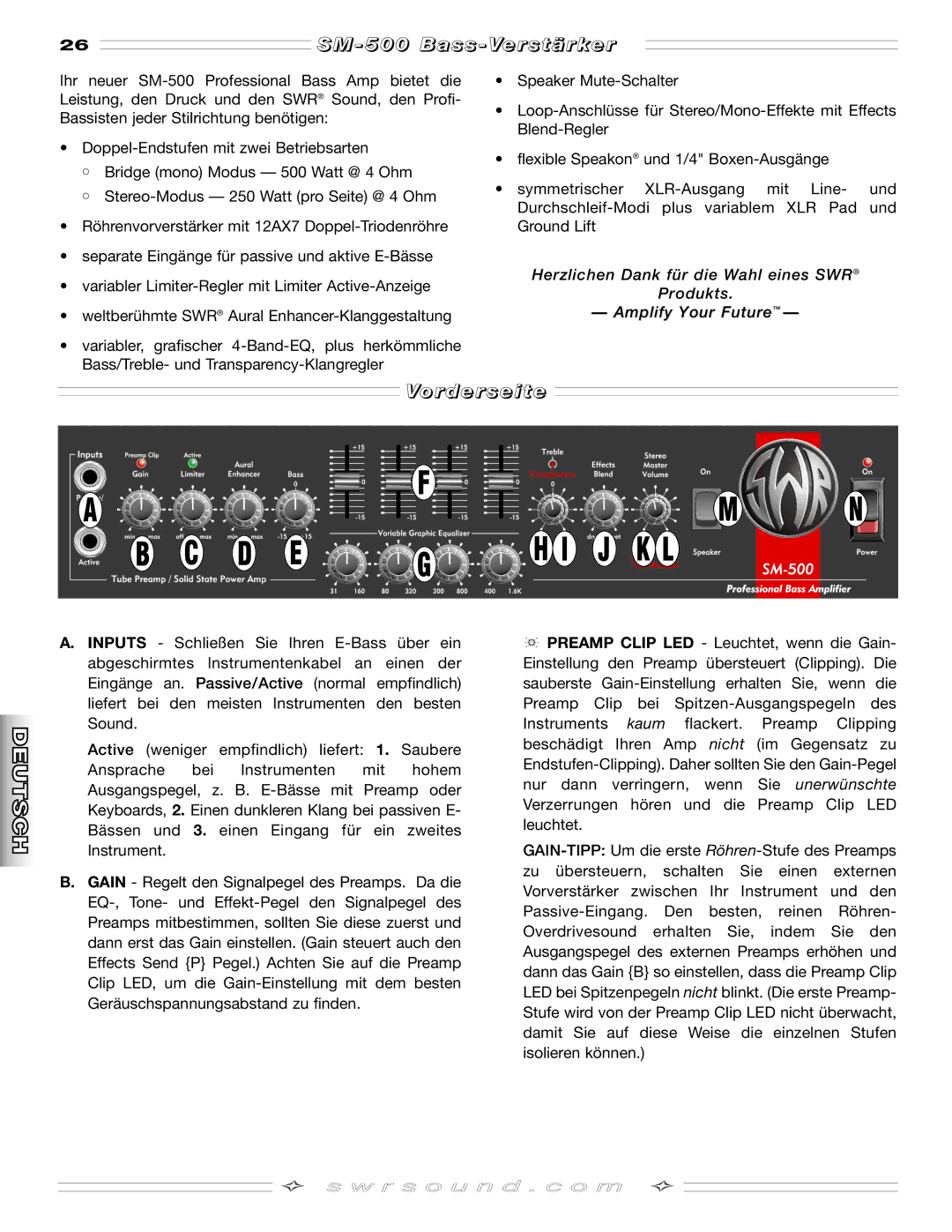 SMc Audio SM-500SM-500 manual SM 500 Bass Verstärker, Vorderseite 