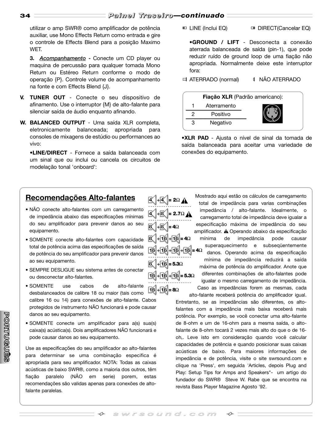 SMc Audio SM-500SM-500 manual Recomendações Alto-falantes, Painel Traseiro -continuado 