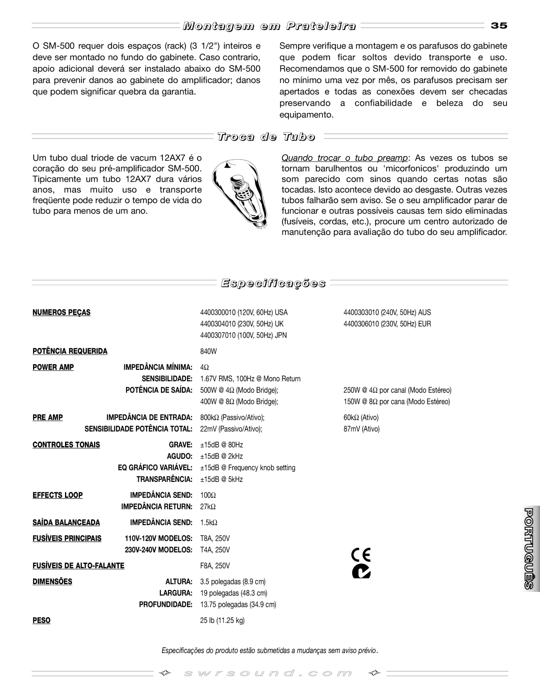 SMc Audio SM-500SM-500 manual Montagem em Prateleira, Troca de Tubo, Especificações 