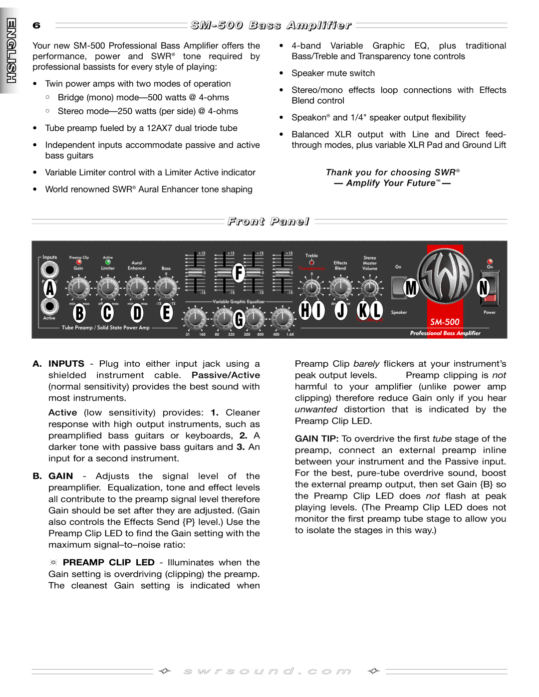 SMc Audio SM-500SM-500 manual SM 500 Bass Amplifier, Front Panel 