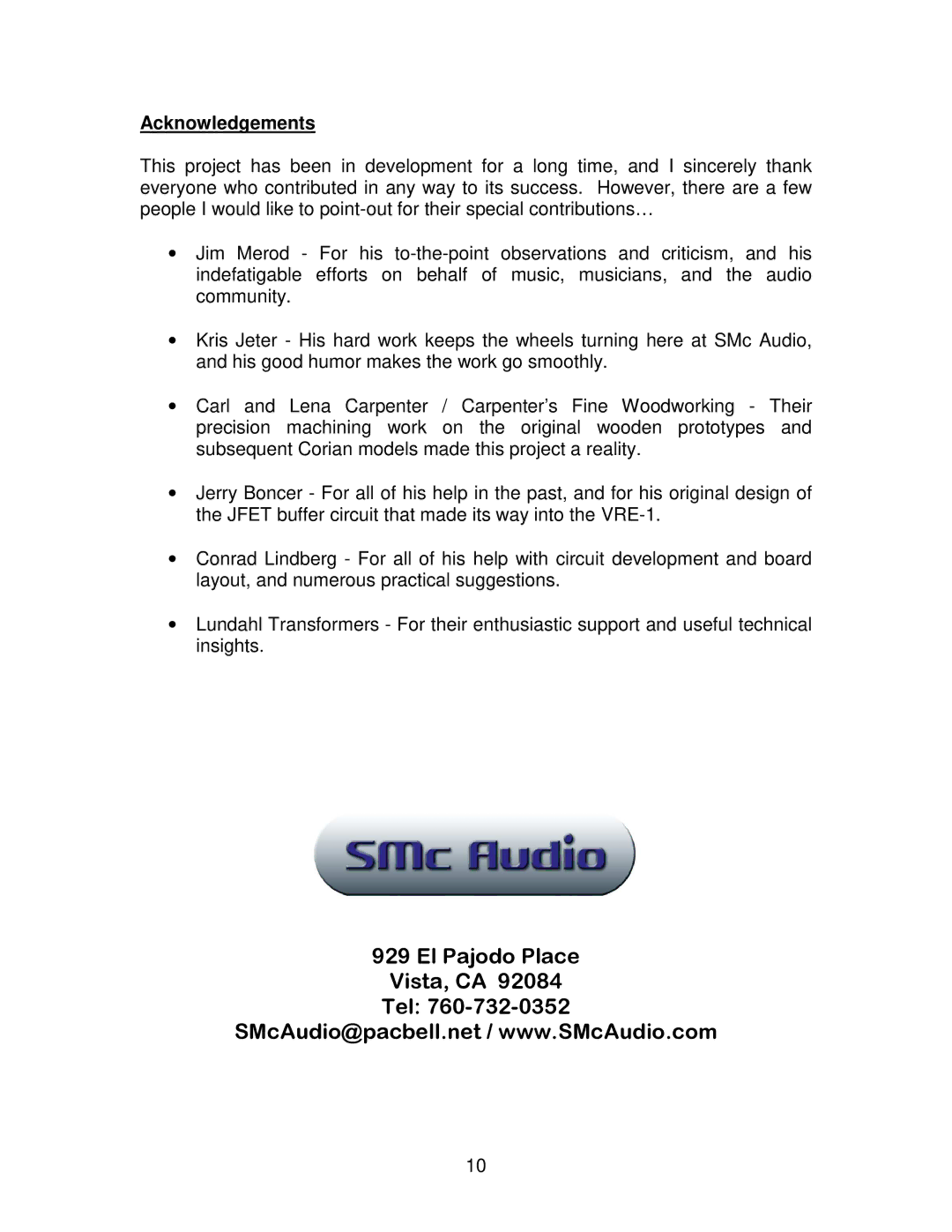 SMc Audio VRE-1 manual Acknowledgements 