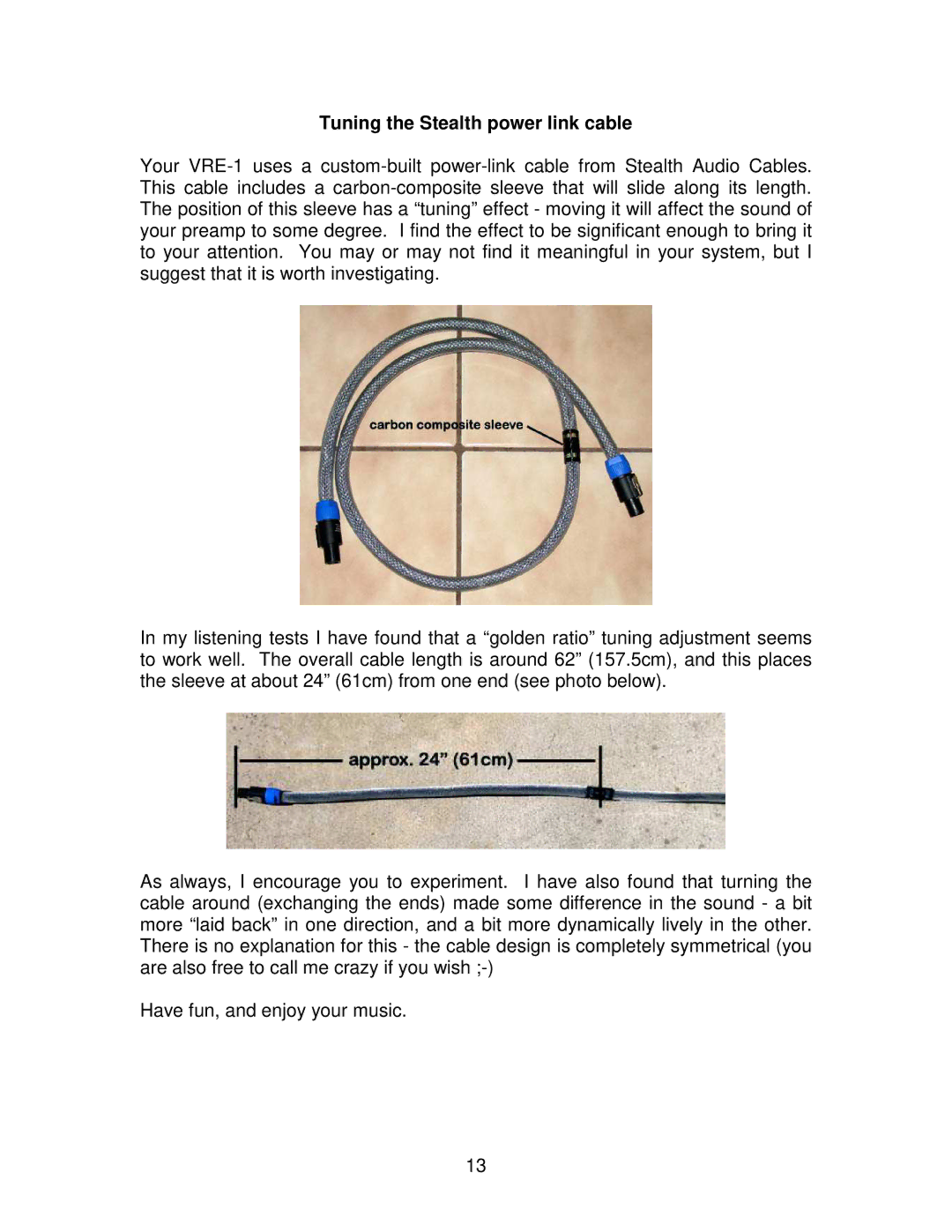 SMc Audio VRE-1 manual Tuning the Stealth power link cable 