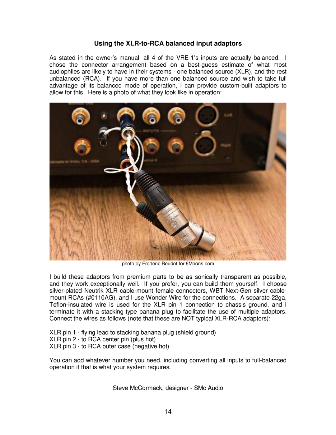 SMc Audio VRE-1 manual Using the XLR-to-RCA balanced input adaptors 