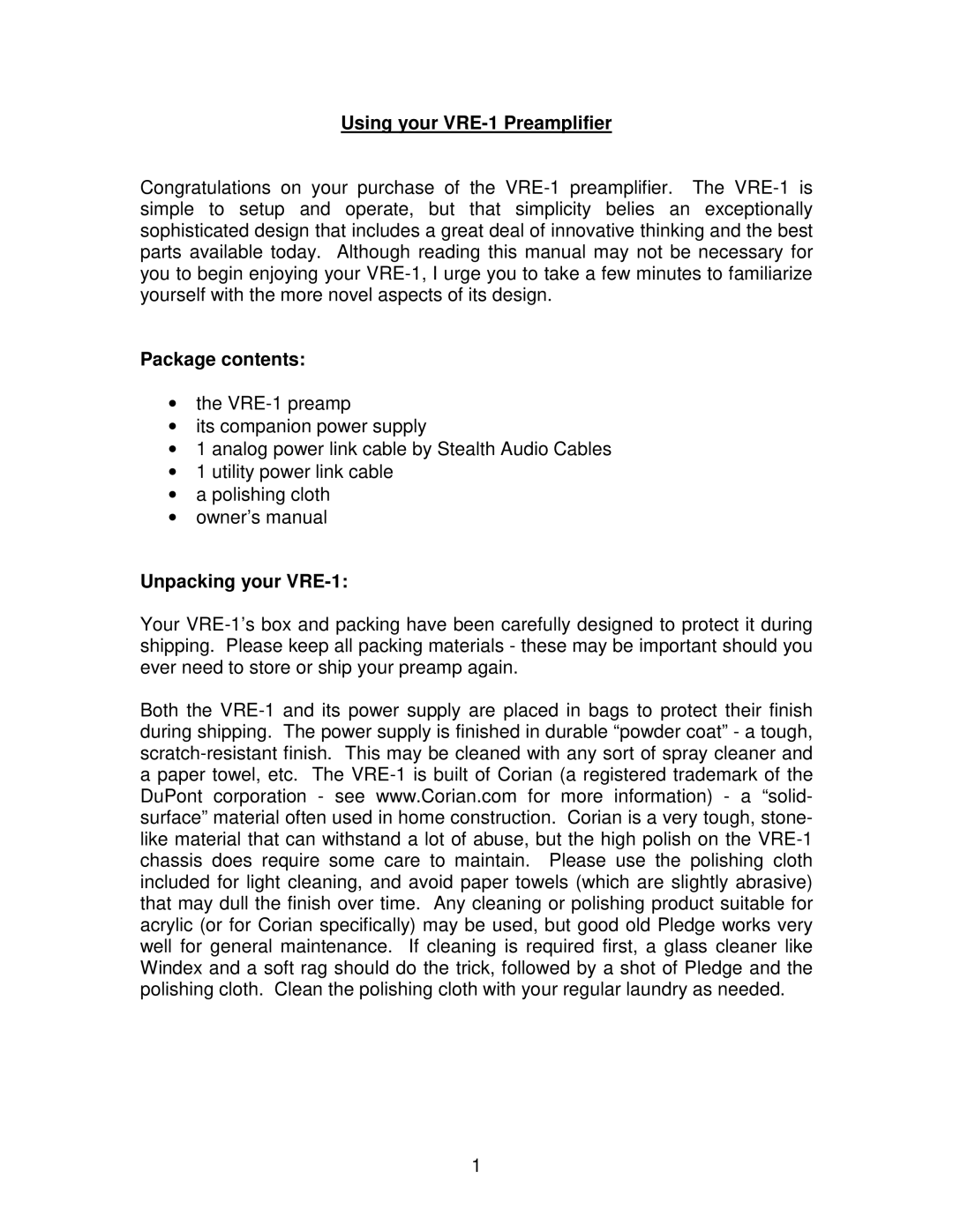 SMc Audio manual Using your VRE-1 Preamplifier, Package contents, Unpacking your VRE-1 