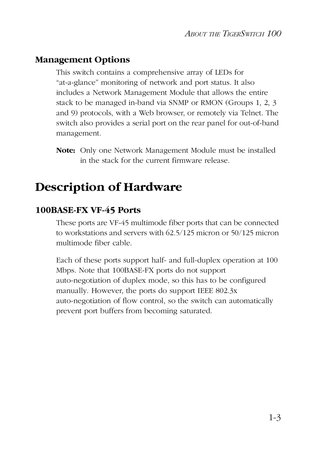 SMC Networks manual Description of Hardware, Management Options, 100BASE-FX VF-45 Ports 