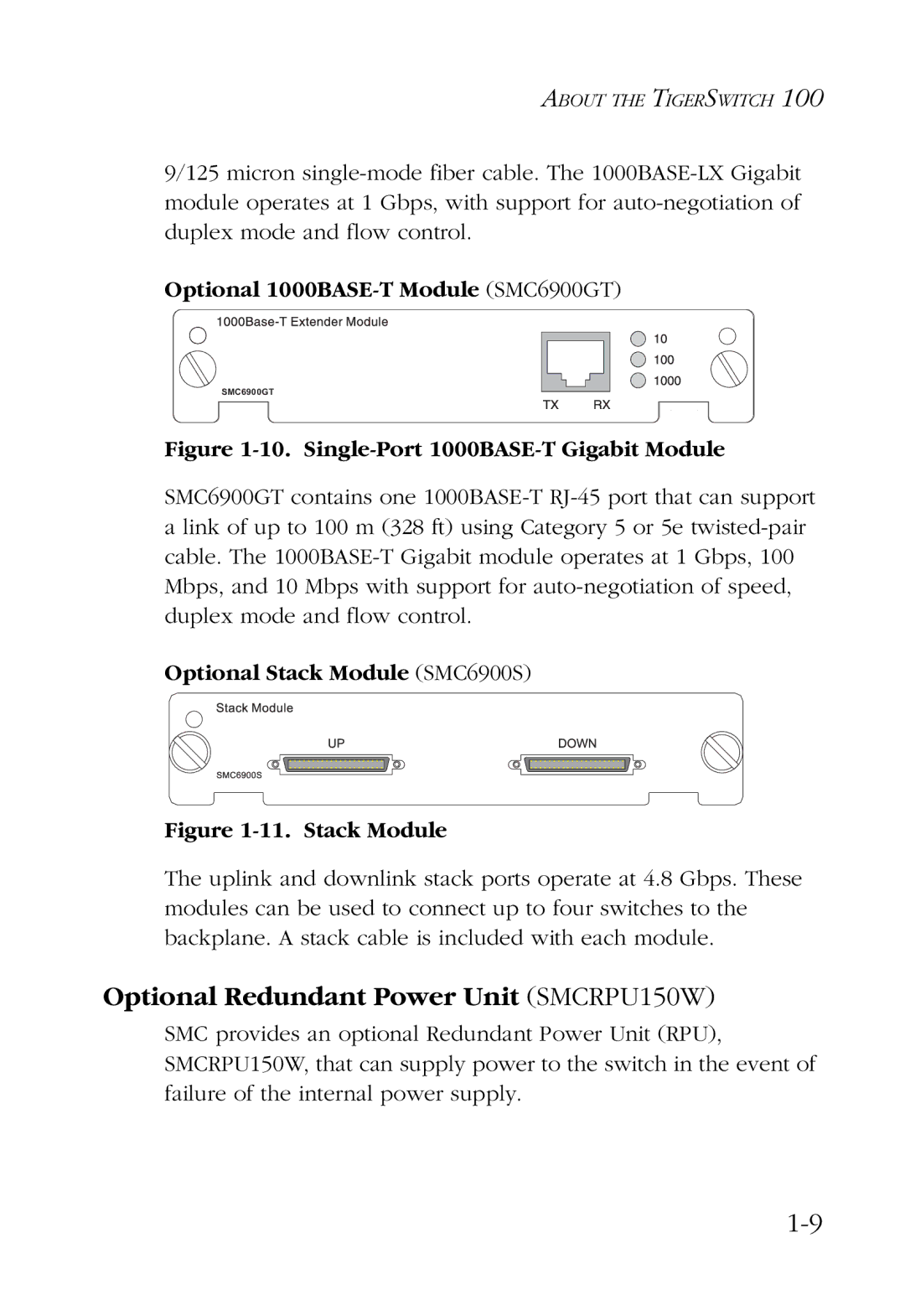 SMC Networks manual Optional Redundant Power Unit SMCRPU150W, Optional 1000BASE-T Module SMC6900GT 