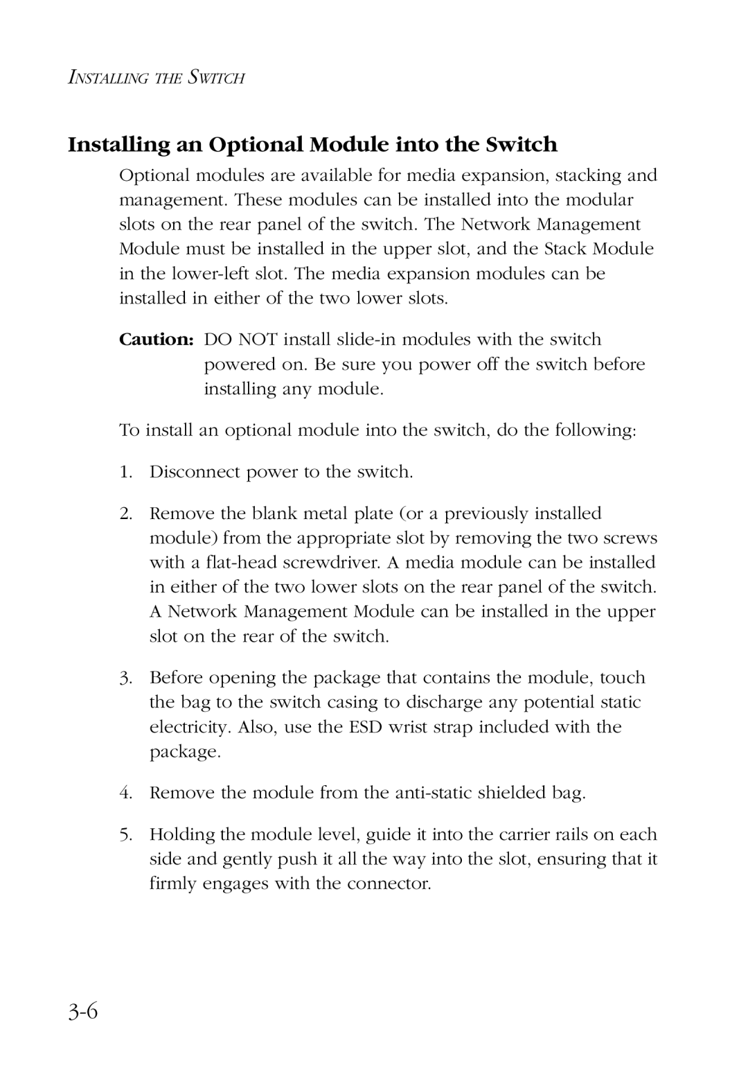 SMC Networks 100 manual Installing an Optional Module into the Switch 