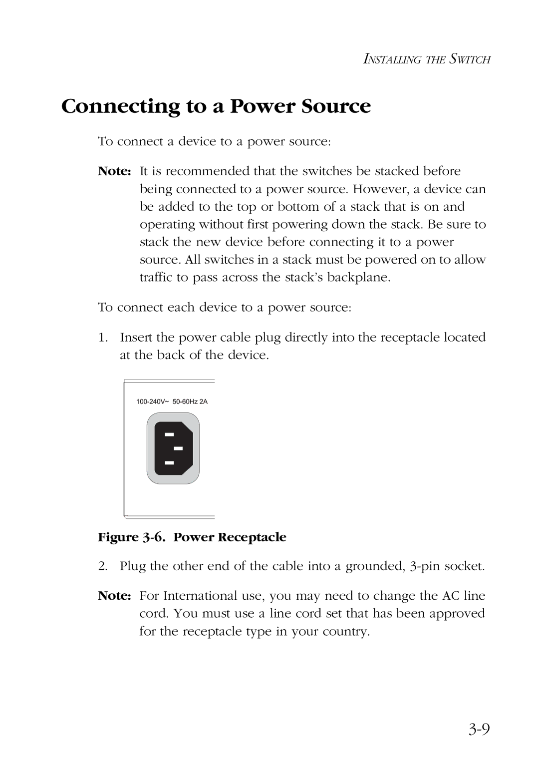 SMC Networks 100 manual Connecting to a Power Source, Power Receptacle 