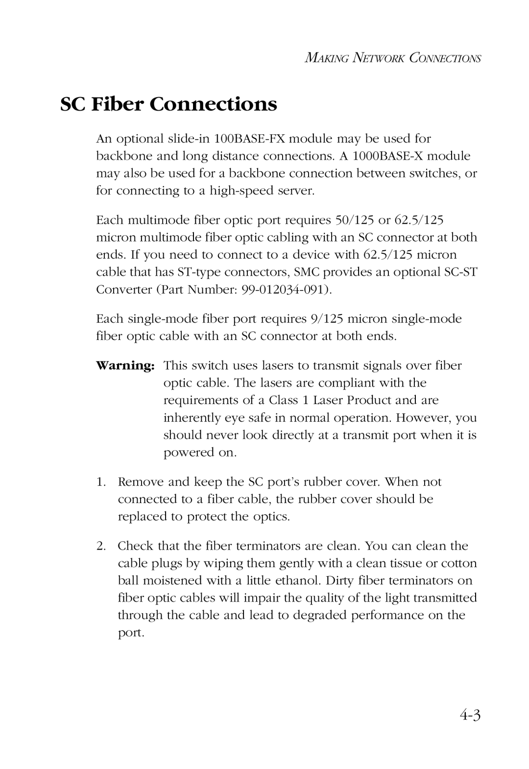 SMC Networks 100 manual SC Fiber Connections 