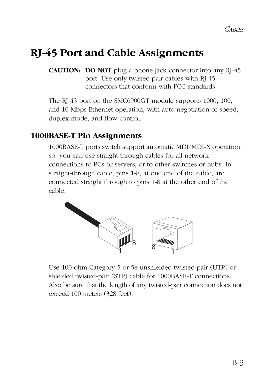 SMC Networks manual RJ-45 Port and Cable Assignments, 1000BASE-T Pin Assignments 