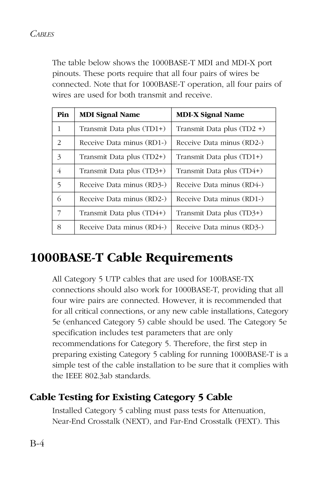 SMC Networks manual 1000BASE-T Cable Requirements, Cable Testing for Existing Category 5 Cable 