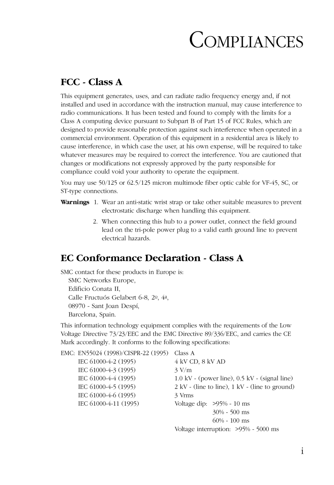 SMC Networks 100 manual Compliances, FCC Class a, EC Conformance Declaration Class a 