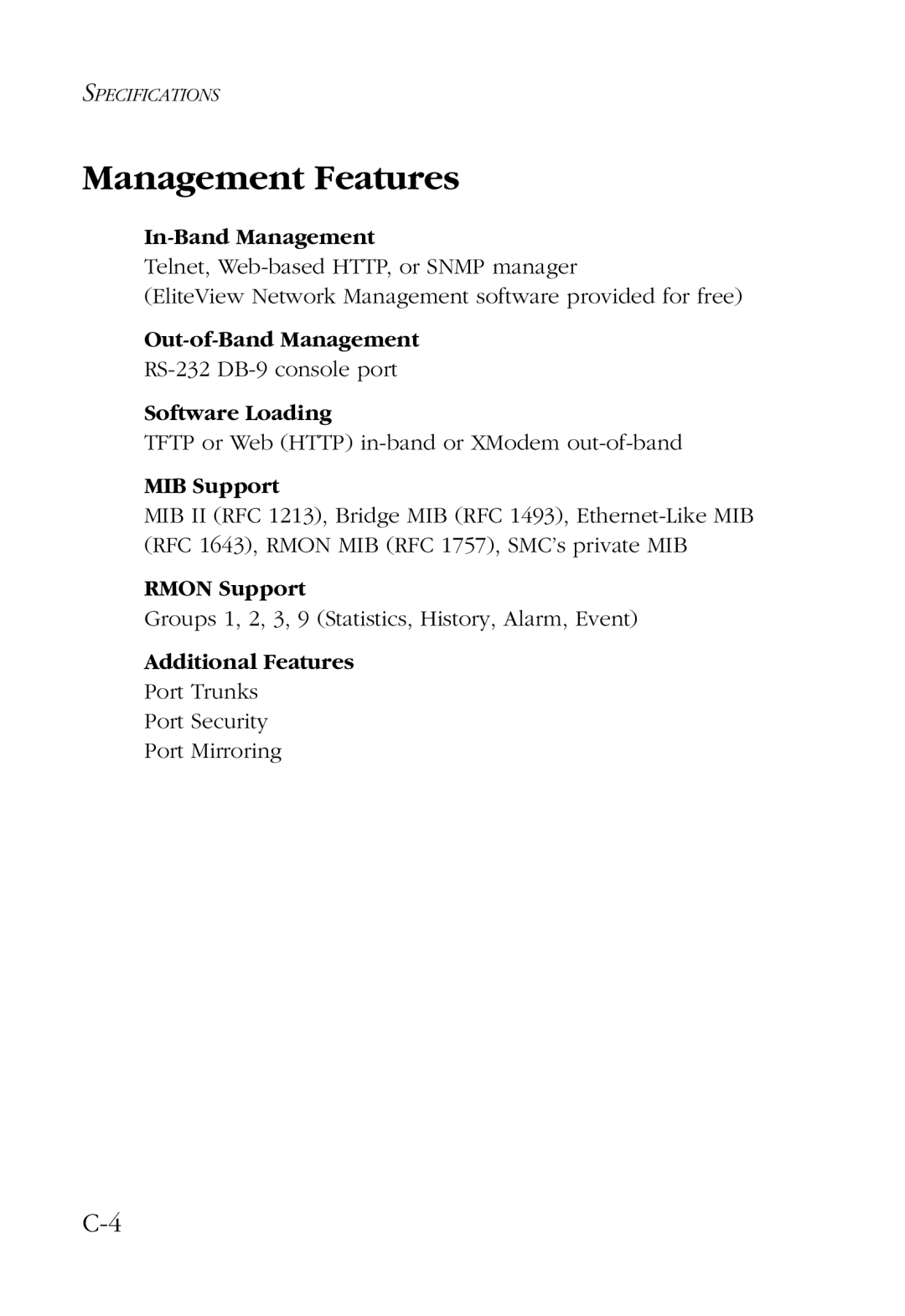 SMC Networks 100 manual Management Features 