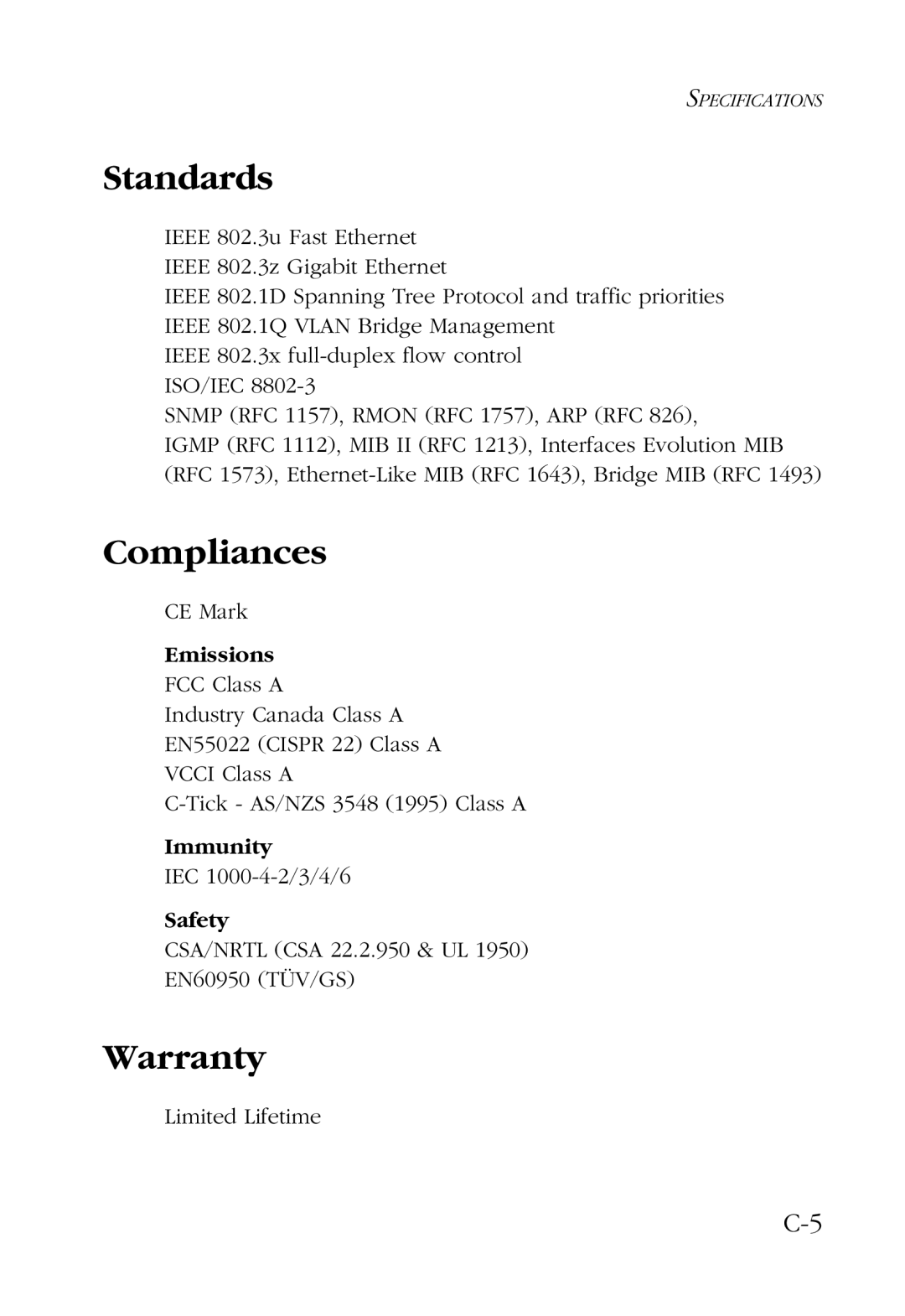 SMC Networks 100 manual Standards, Compliances, Warranty 