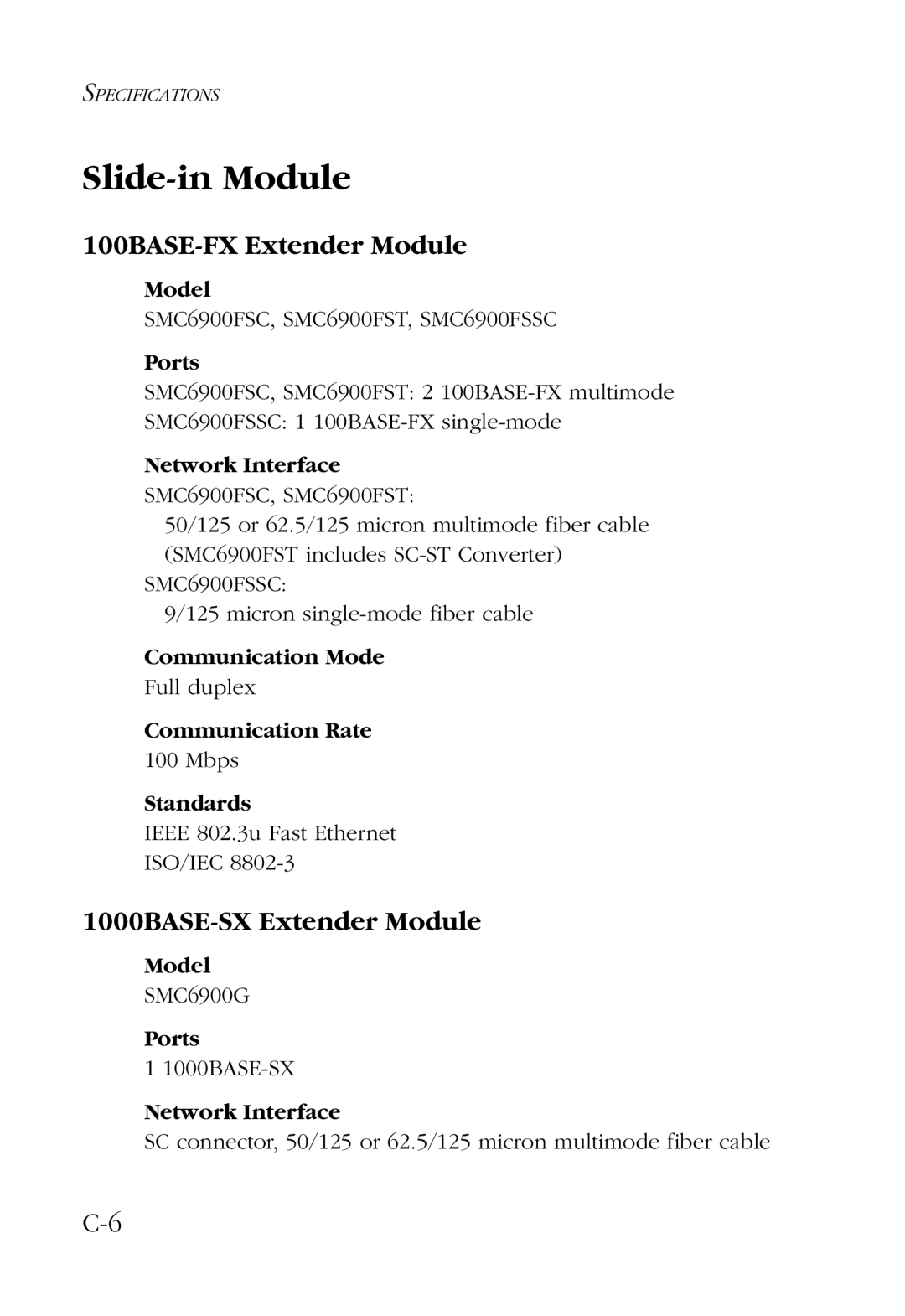 SMC Networks manual Slide-in Module, 100BASE-FX Extender Module, 1000BASE-SX Extender Module 