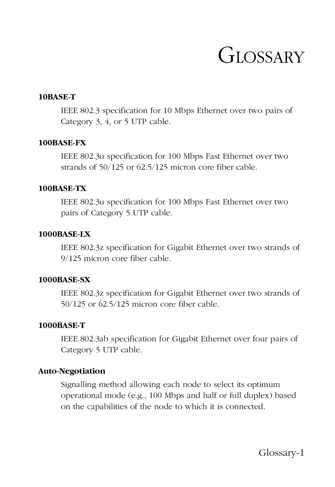 SMC Networks manual Glossary-1, 1000BASE-T, Auto-Negotiation 