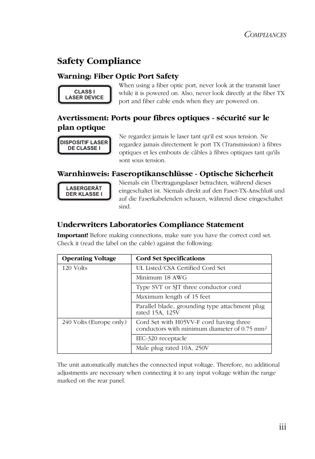 SMC Networks 100 manual Safety Compliance, Iii, Warnhinweis Faseroptikanschlüsse Optische Sicherheit 