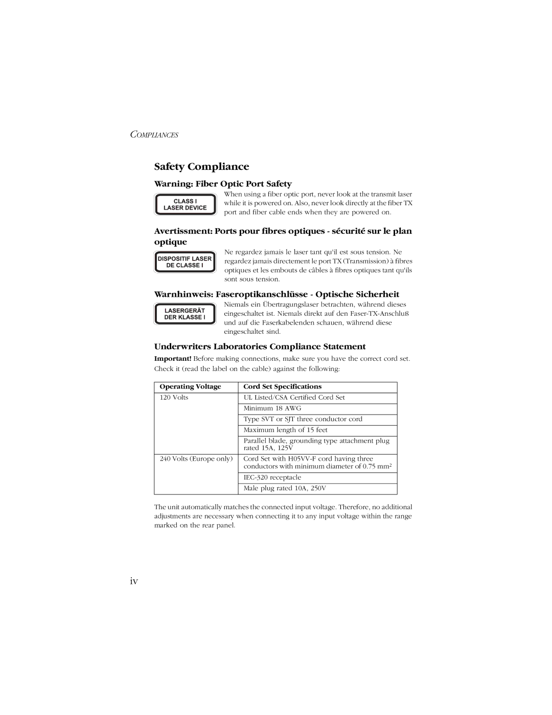 SMC Networks 1000 manual Safety Compliance, Warnhinweis Faseroptikanschlüsse Optische Sicherheit 