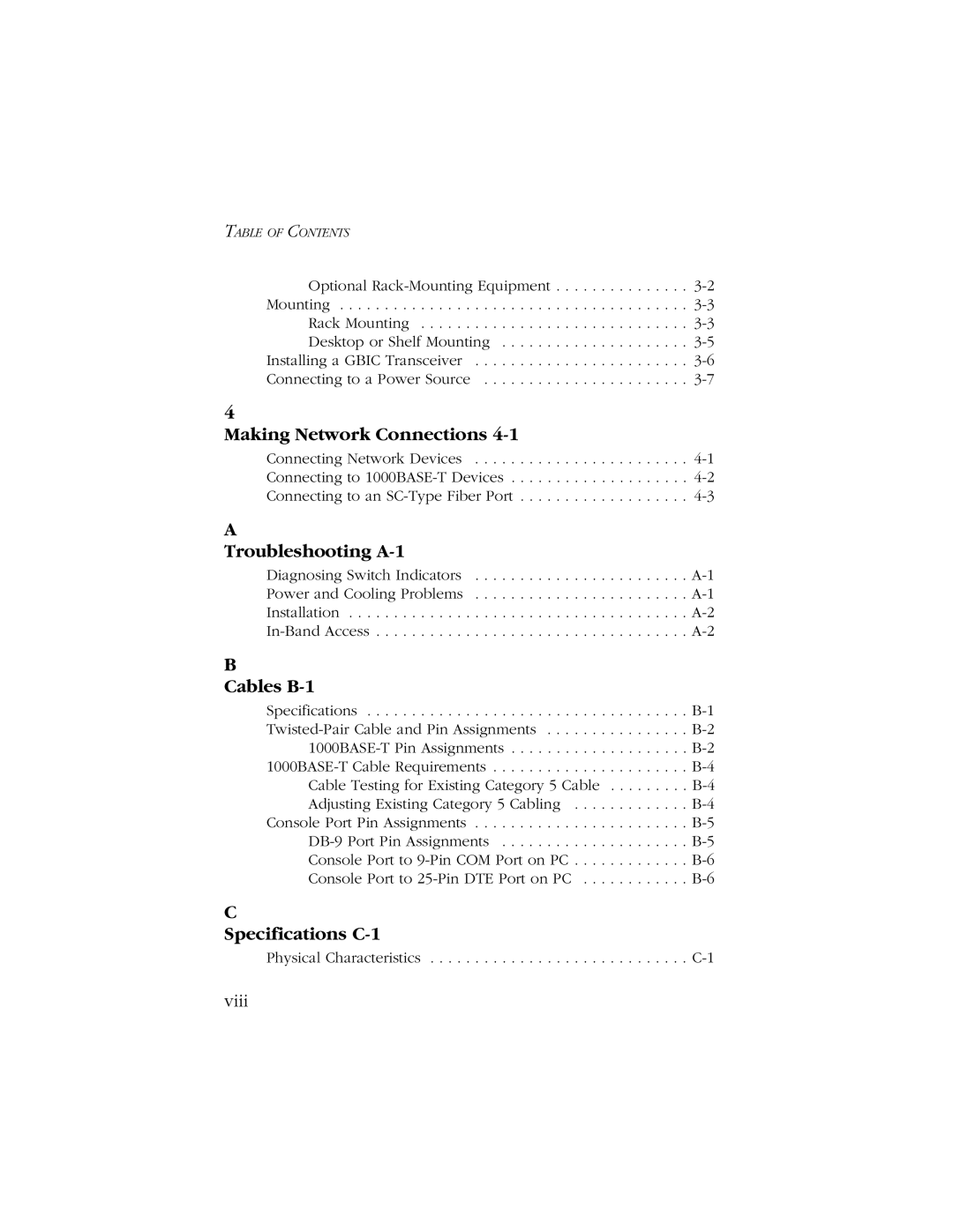 SMC Networks 1000 manual Making Network Connections, Troubleshooting A-1, Cables B-1, Specifications C-1, Viii 