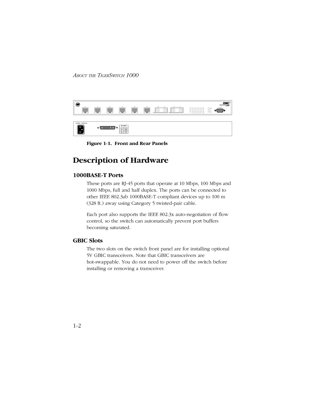 SMC Networks manual Description of Hardware, 1000BASE-T Ports, Gbic Slots 