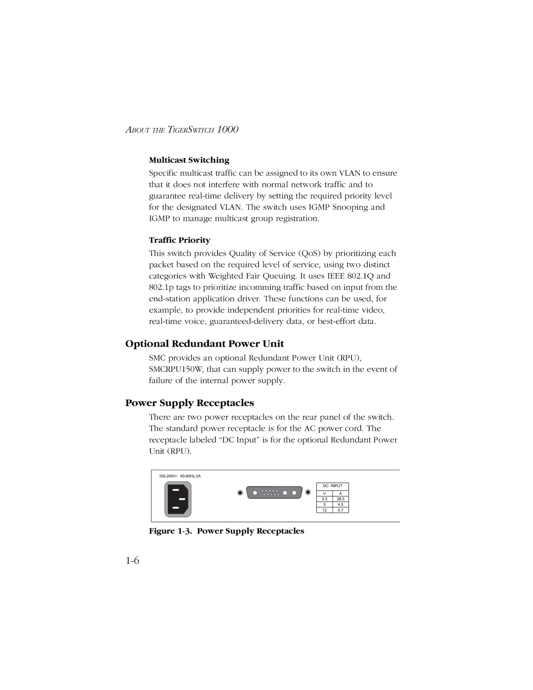 SMC Networks 1000 manual Optional Redundant Power Unit, Power Supply Receptacles, Multicast Switching, Traffic Priority 