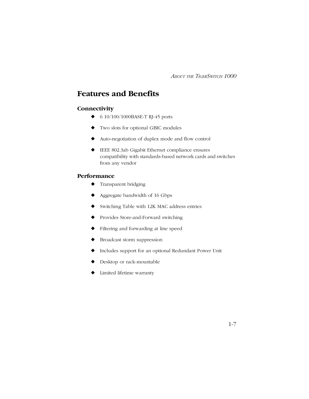 SMC Networks 1000 manual Features and Benefits, Connectivity, Performance 