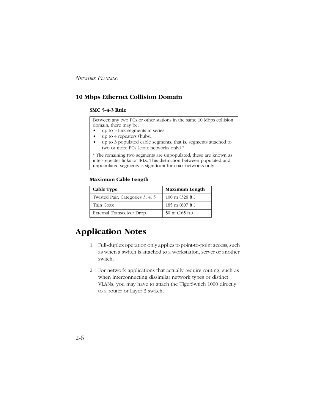 SMC Networks 1000 manual Application Notes, Mbps Ethernet Collision Domain, SMC 5-4-3 Rule, Maximum Cable Length 