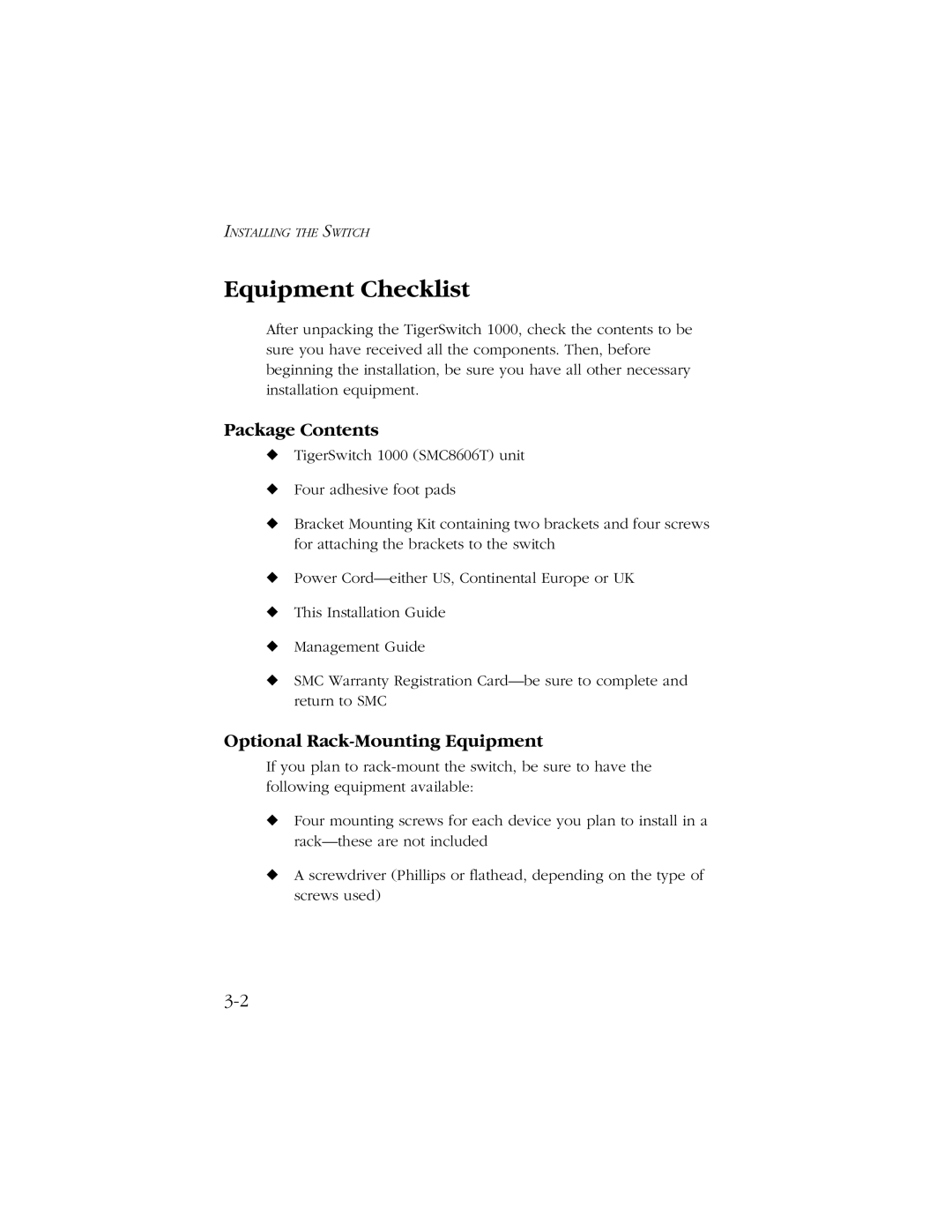 SMC Networks 1000 manual Equipment Checklist, Package Contents, Optional Rack-Mounting Equipment 