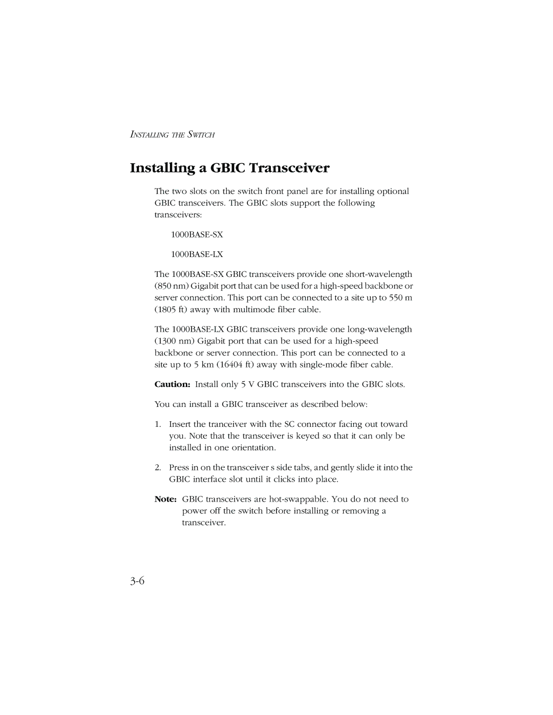 SMC Networks 1000 manual Installing a Gbic Transceiver 