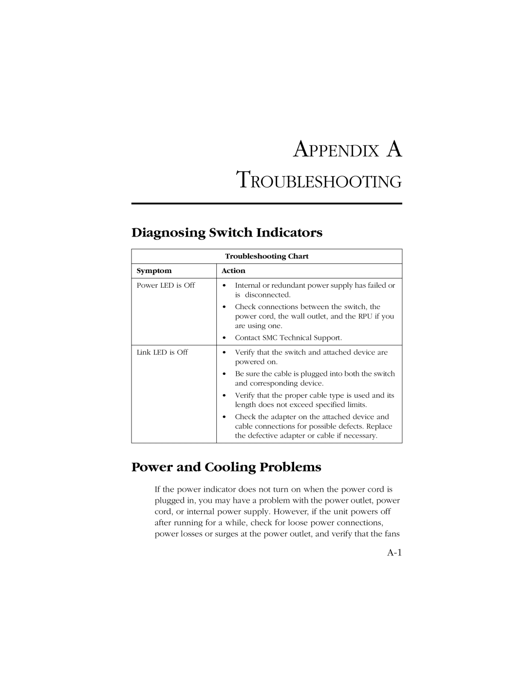 SMC Networks 1000 manual Appendix a Troubleshooting, Diagnosing Switch Indicators, Power and Cooling Problems 