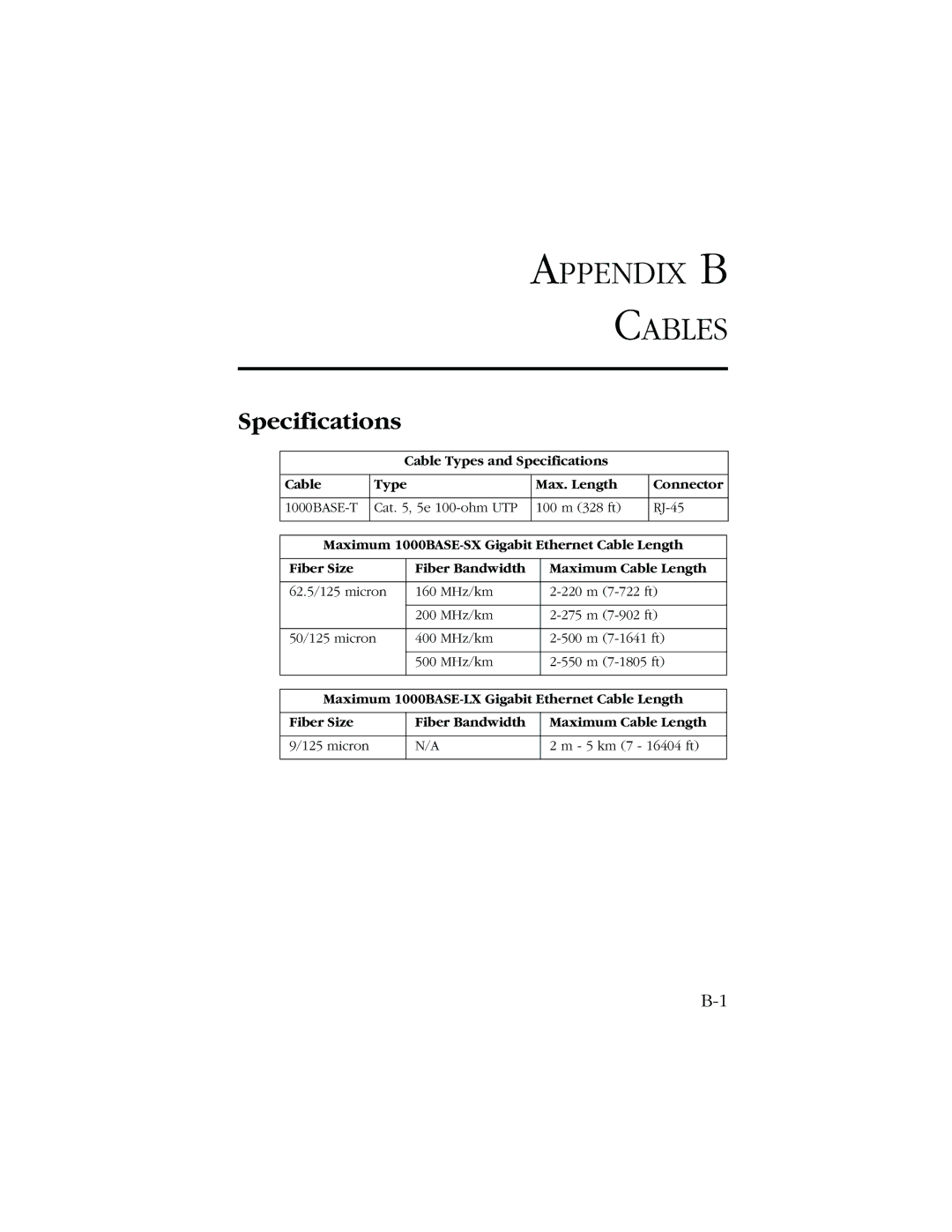 SMC Networks 1000 manual Appendix B Cables, Specifications 