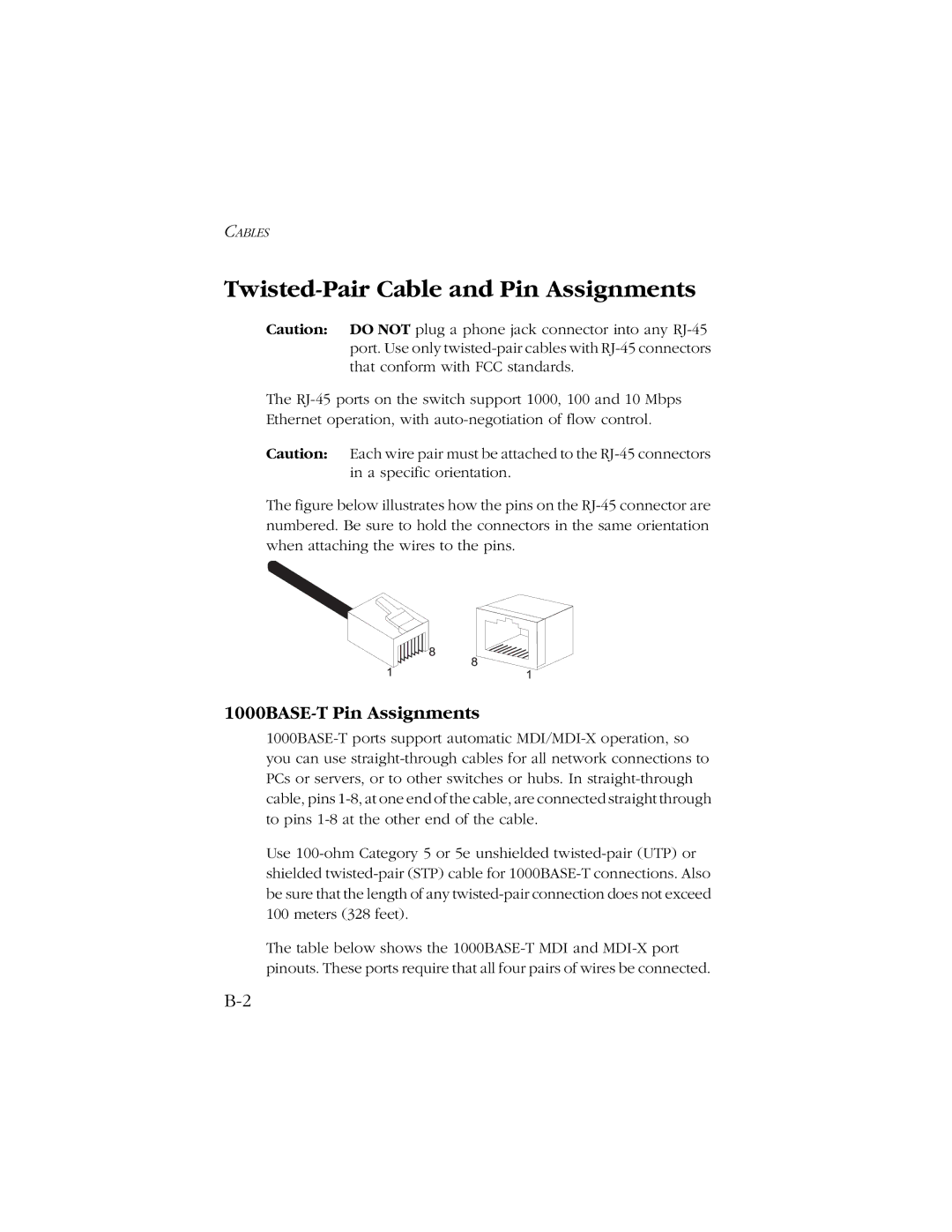 SMC Networks manual Twisted-Pair Cable and Pin Assignments, 1000BASE-T Pin Assignments 