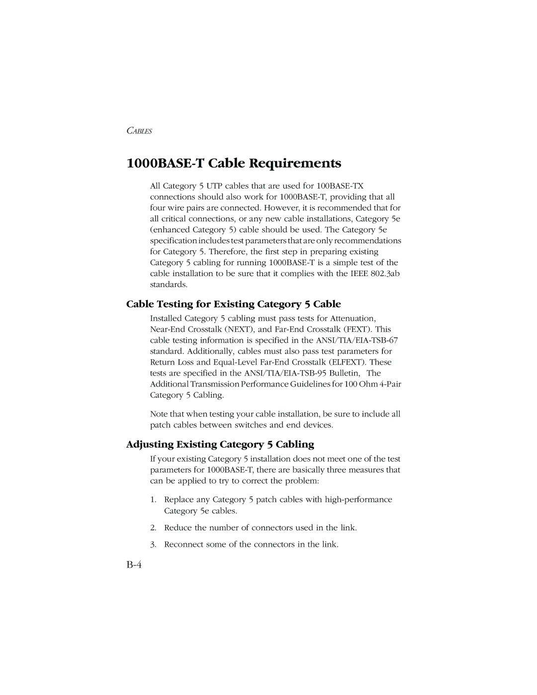 SMC Networks manual 1000BASE-T Cable Requirements, Cable Testing for Existing Category 5 Cable 