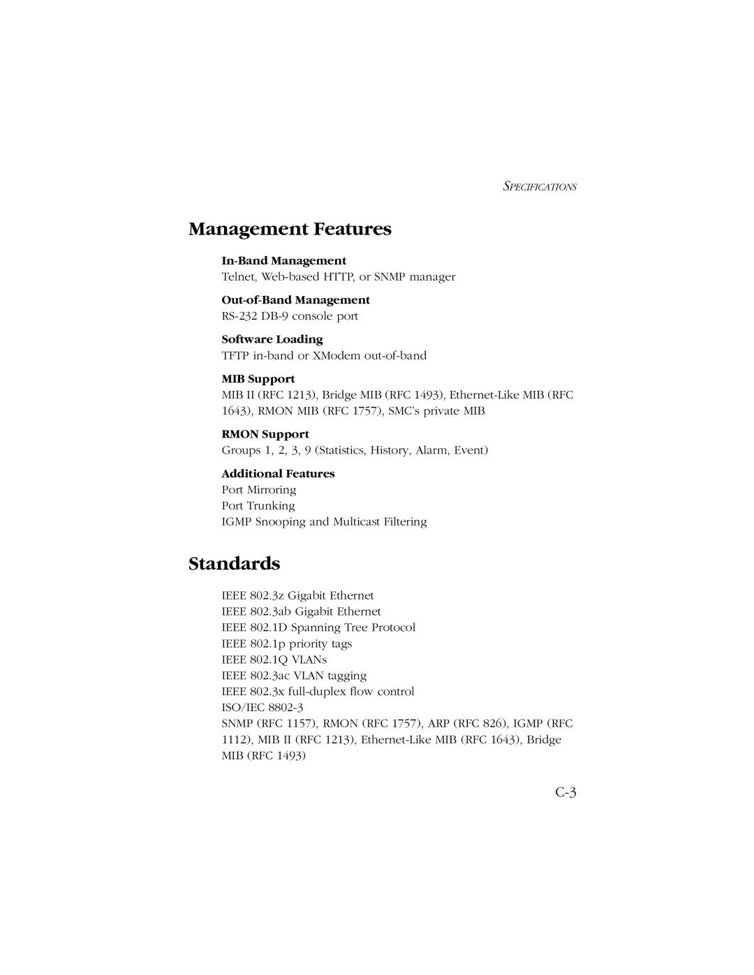 SMC Networks 1000 manual Management Features, Standards 