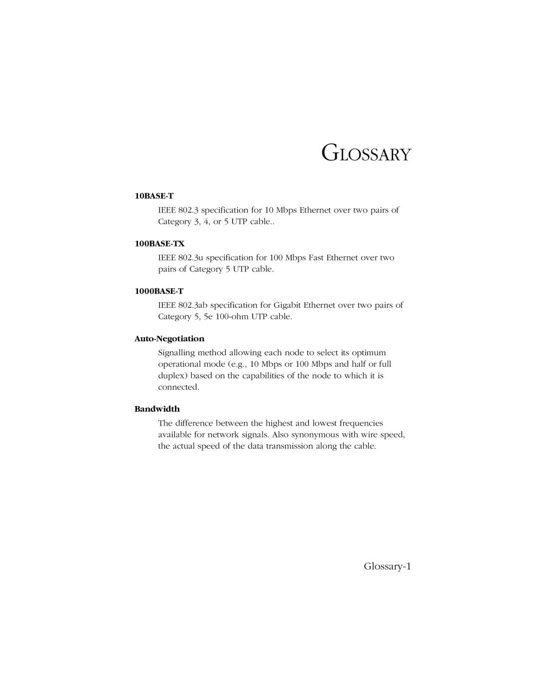 SMC Networks manual Glossary-1, 1000BASE-T, Auto-Negotiation, Bandwidth 