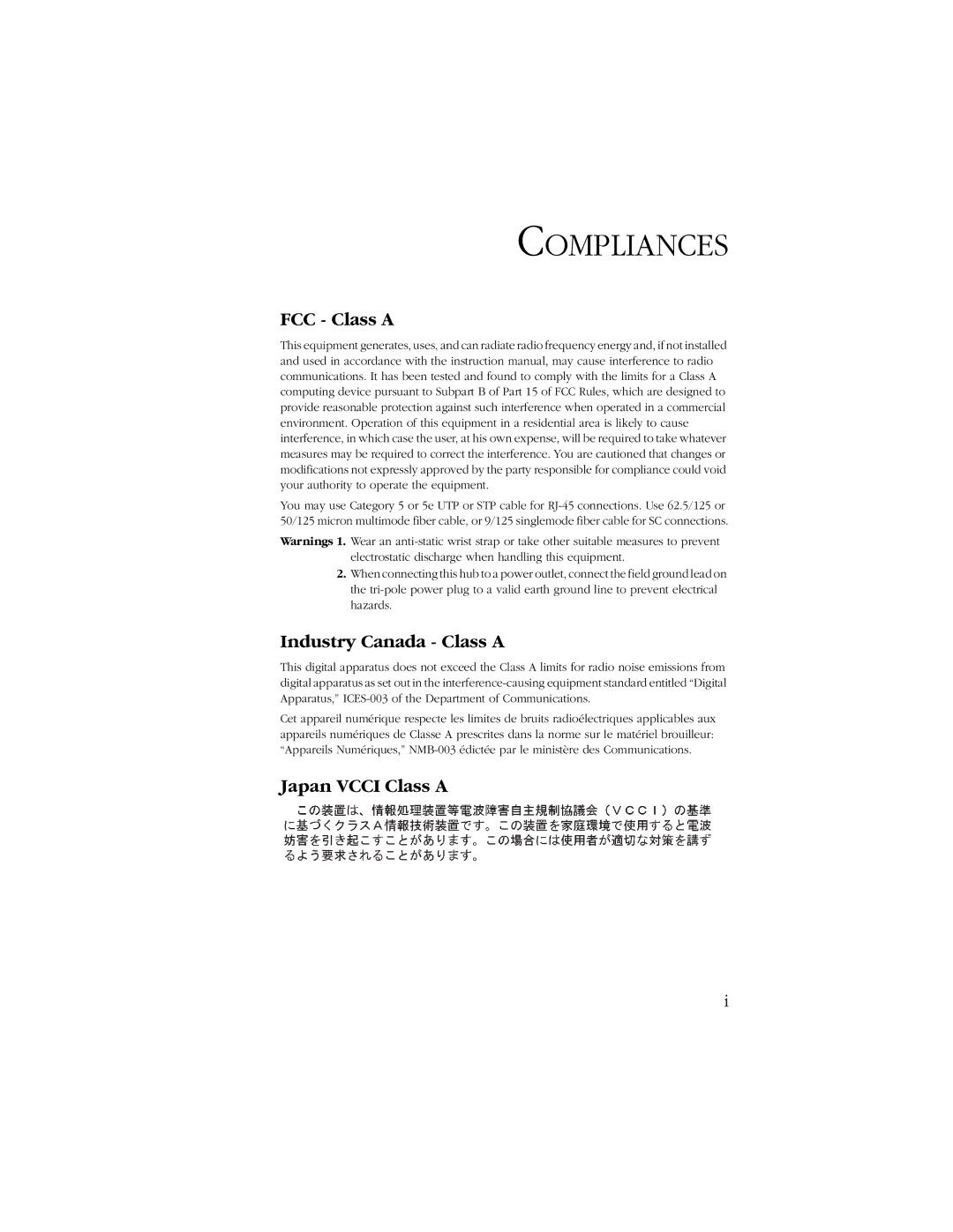 SMC Networks 1000 manual Compliances, FCC Class a, Industry Canada Class a, Japan Vcci Class a 