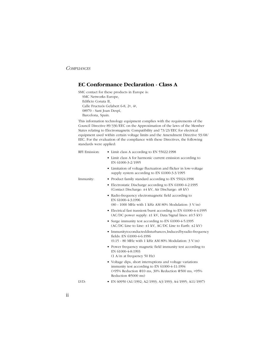 SMC Networks 1000 manual EC Conformance Declaration Class a 