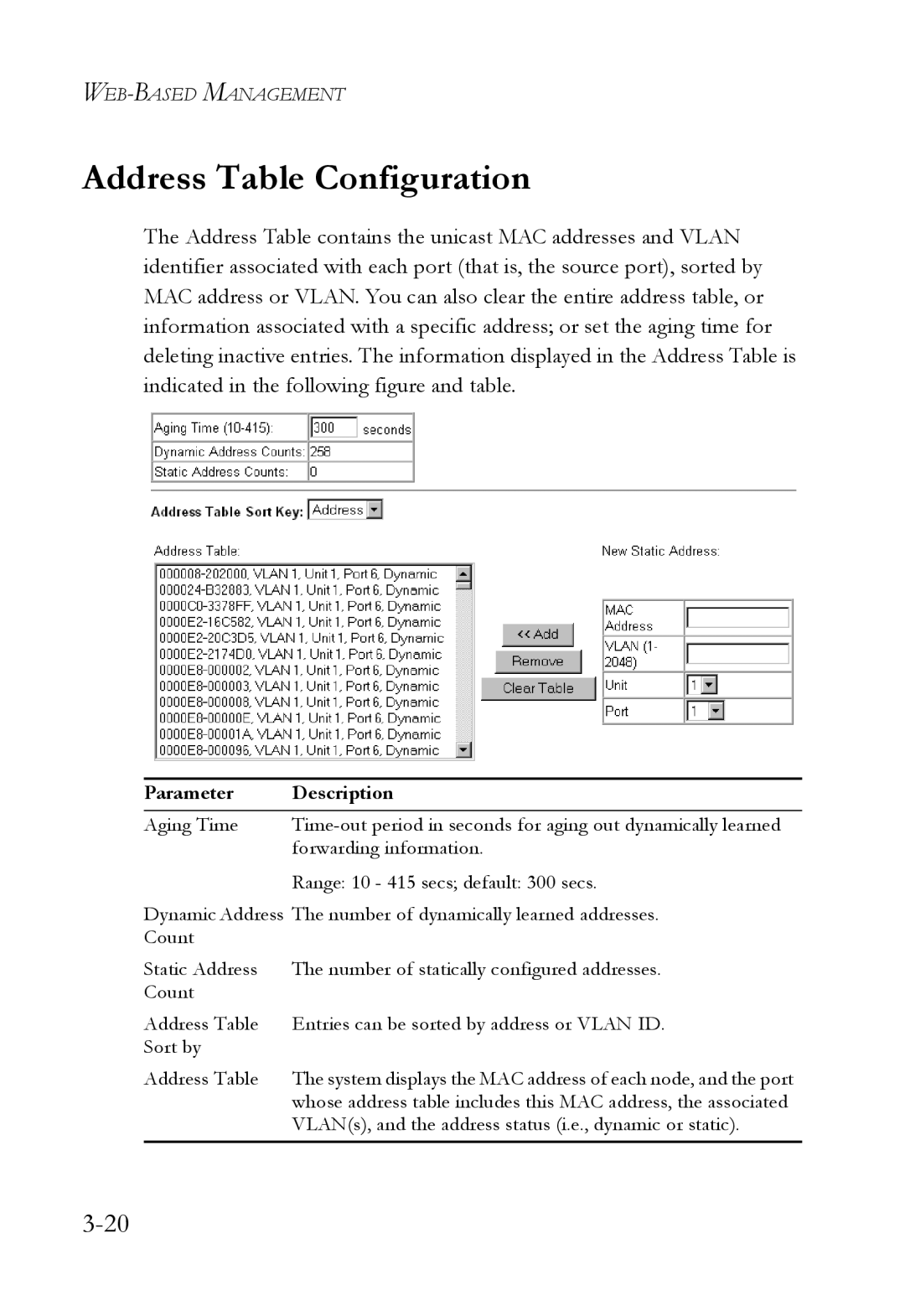 SMC Networks 1000BASE-X manual Address Table Configuration 