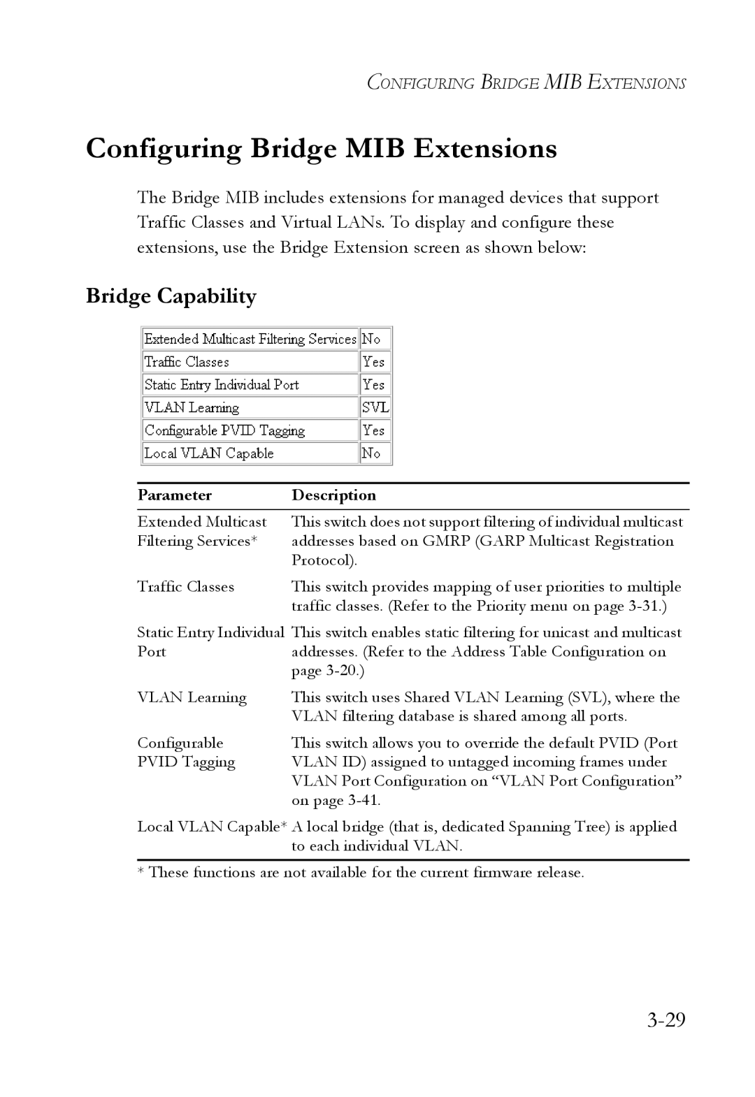 SMC Networks 1000BASE-X manual Configuring Bridge MIB Extensions, Bridge Capability 