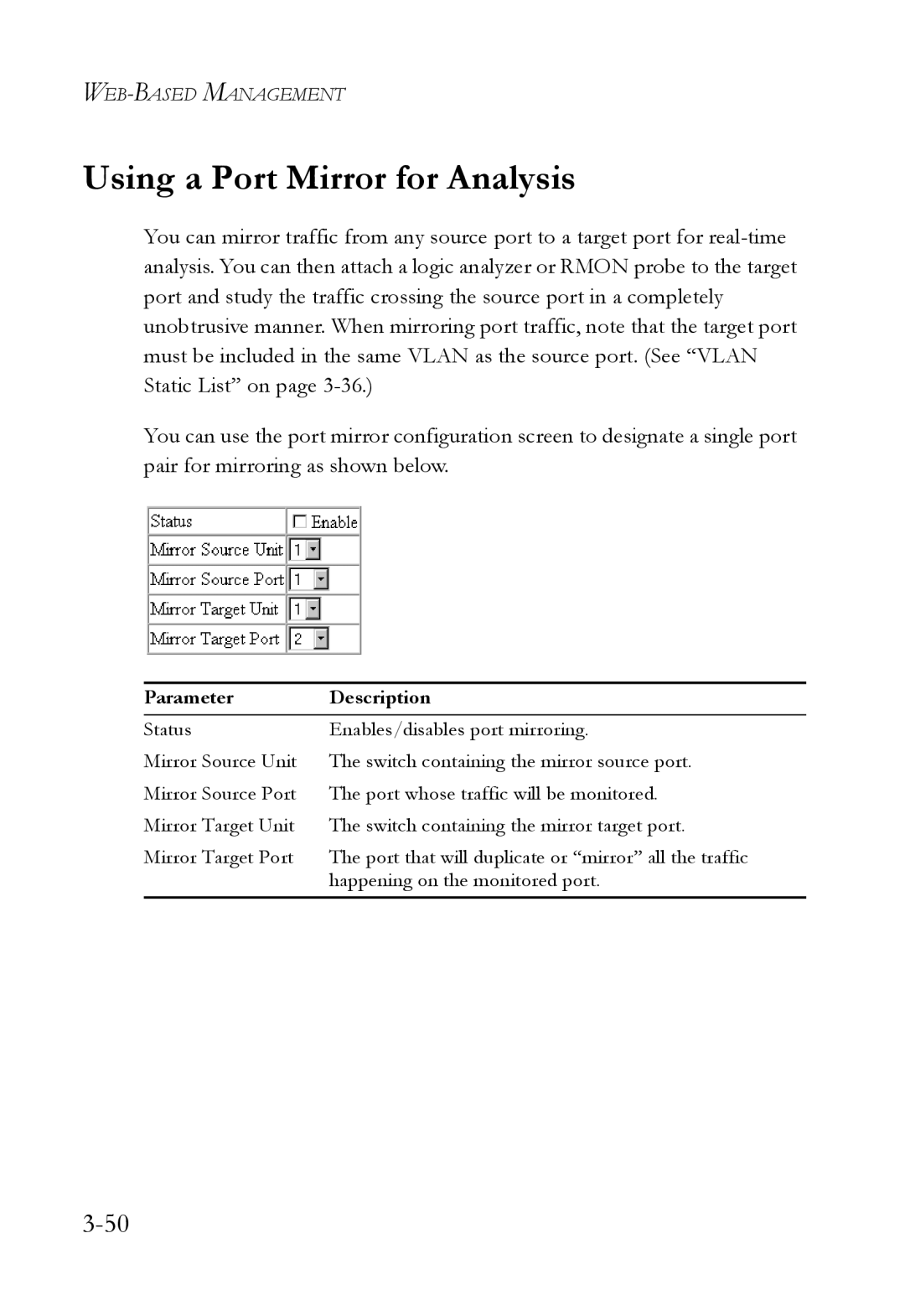 SMC Networks 1000BASE-X manual Using a Port Mirror for Analysis 