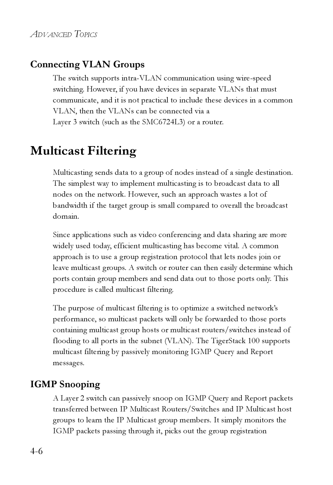 SMC Networks 1000BASE-X manual Multicast Filtering, Connecting Vlan Groups, Igmp Snooping 