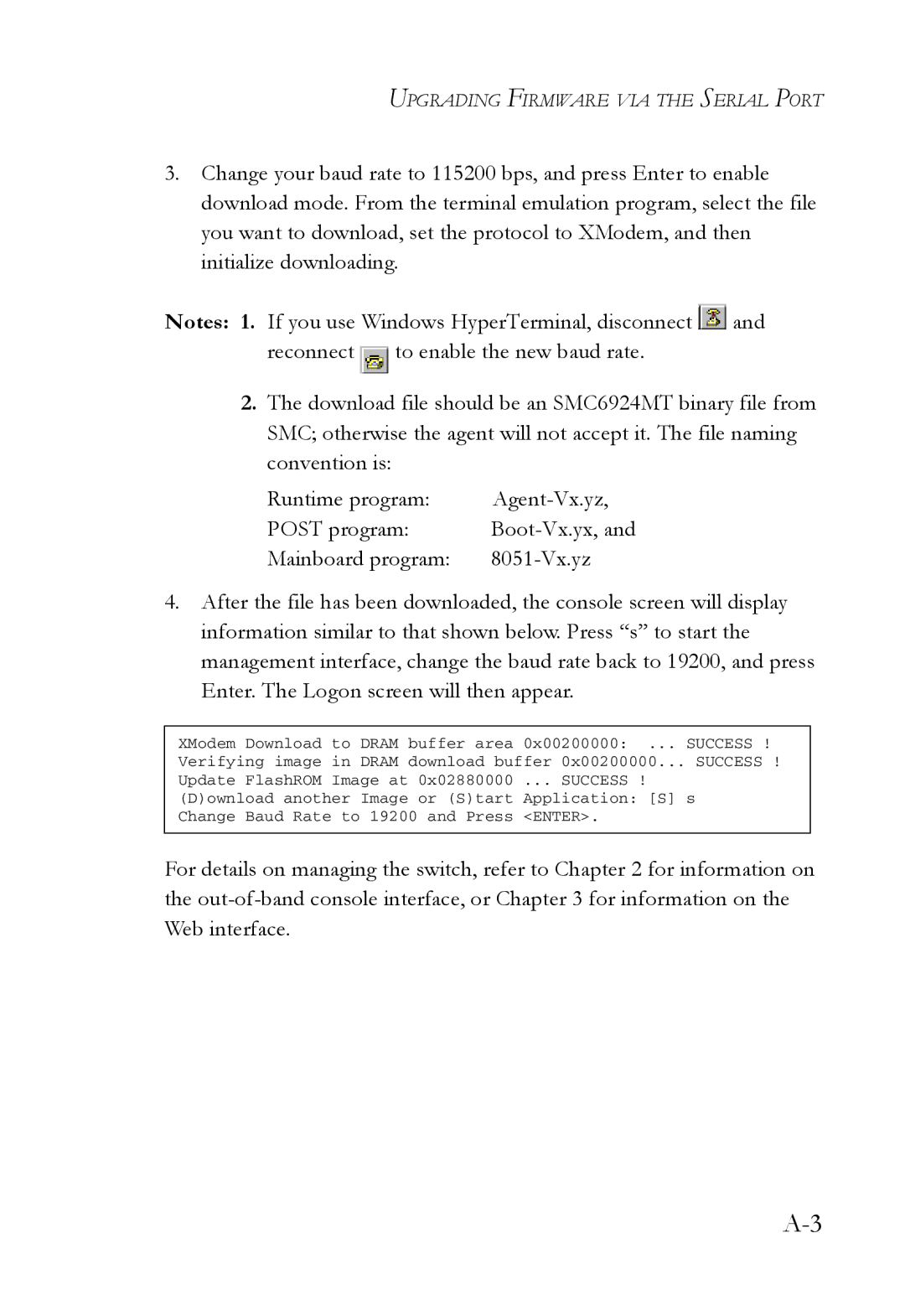 SMC Networks 1000BASE-X manual Upgrading Firmware VIA the Serial Port 