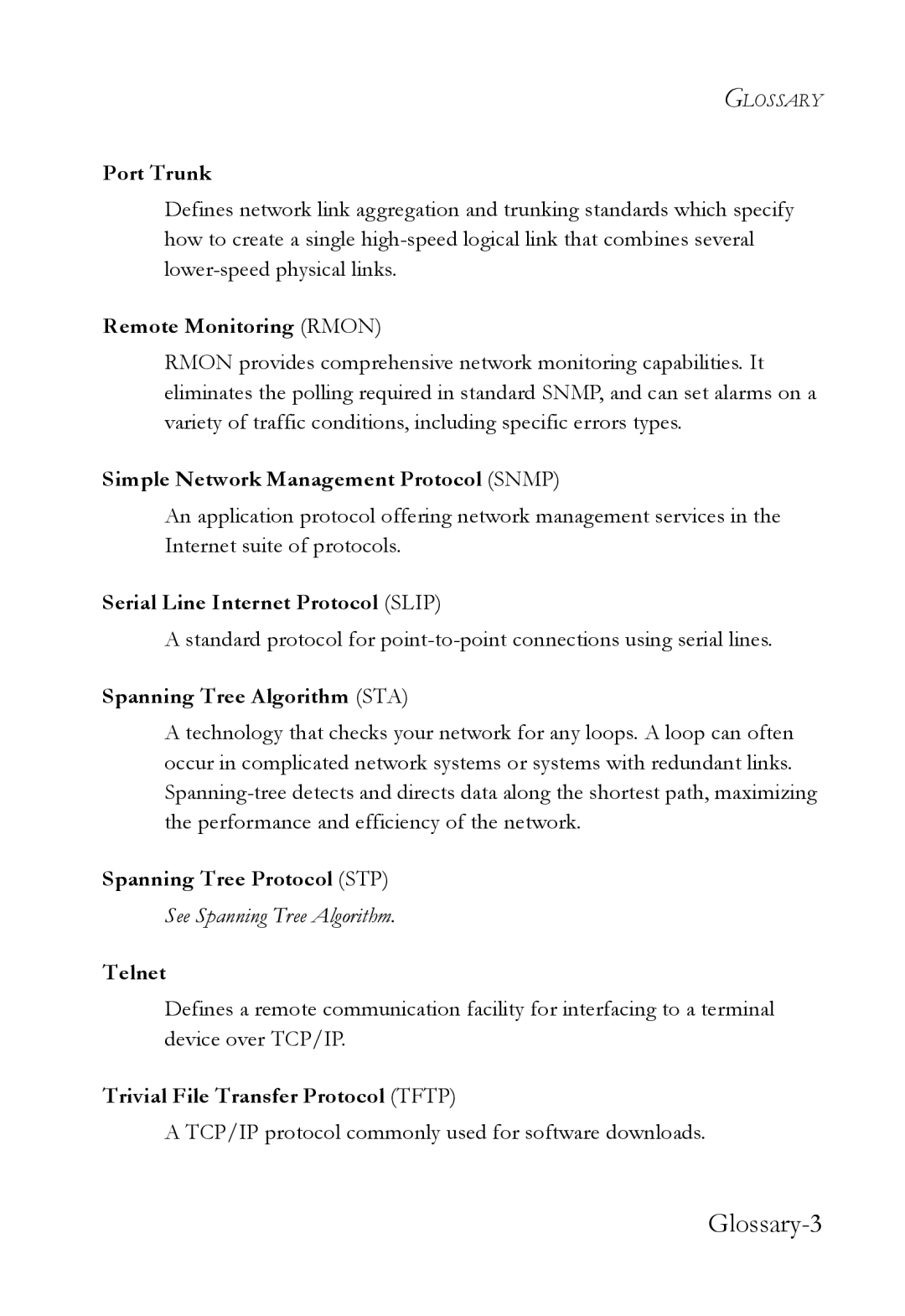 SMC Networks 1000BASE-X manual Port Trunk, Remote Monitoring Rmon, Simple Network Management Protocol Snmp, Telnet 