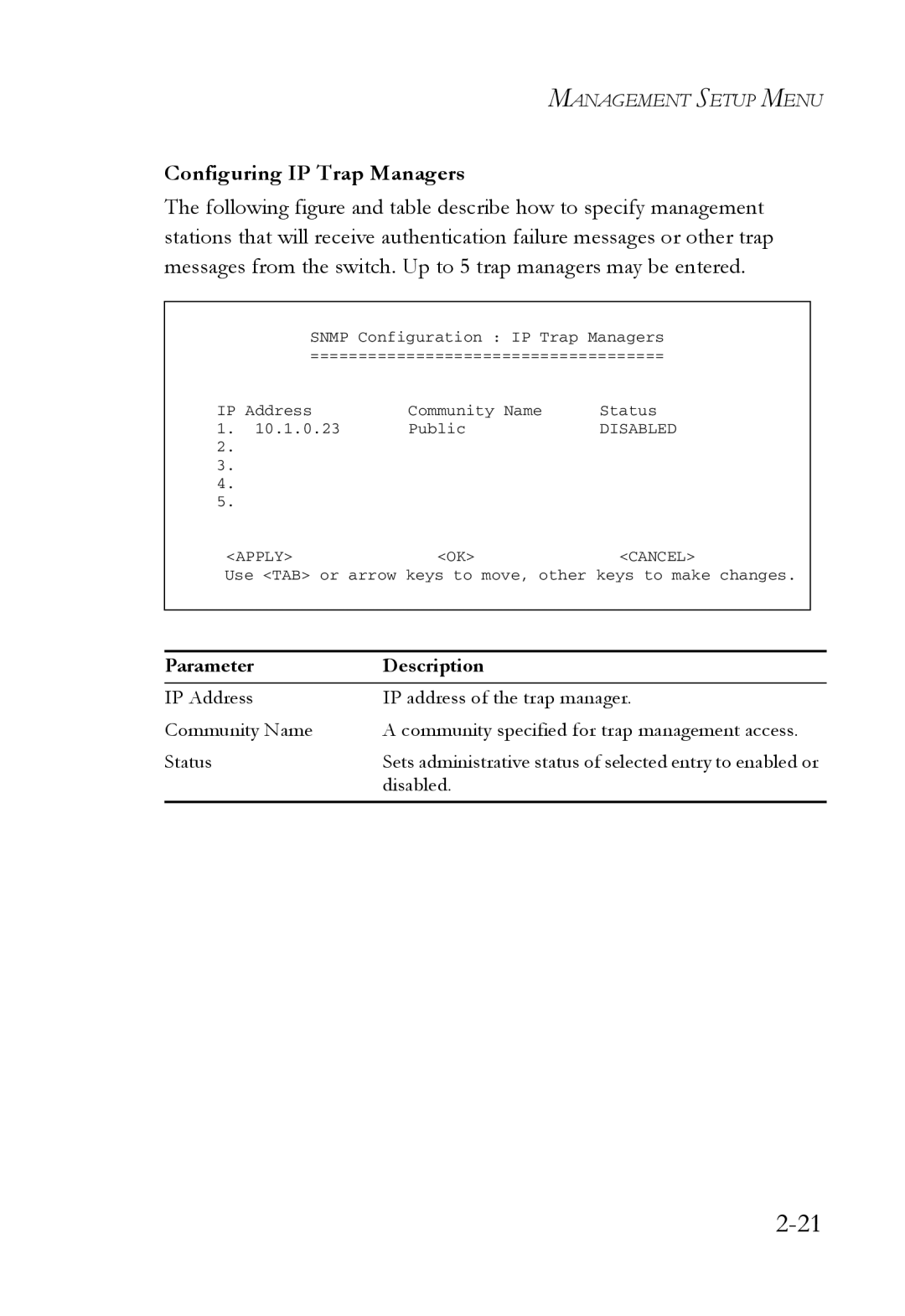 SMC Networks 1000BASE-X manual Configuring IP Trap Managers 