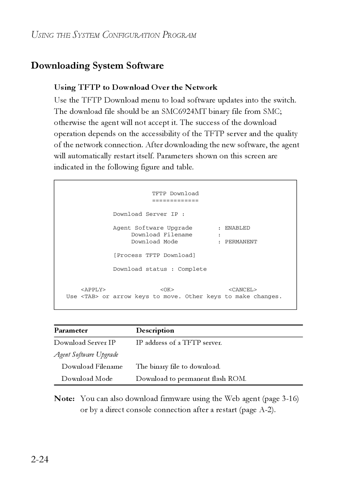 SMC Networks 1000BASE-X manual Downloading System Software, Using Tftp to Download Over the Network 