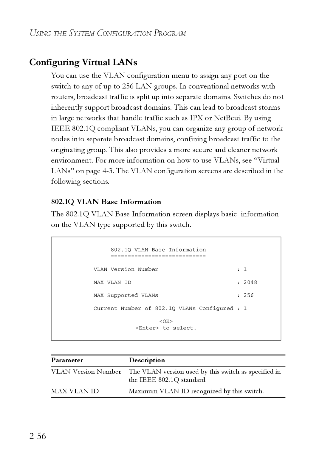 SMC Networks 1000BASE-X manual Configuring Virtual LANs, 802.1Q Vlan Base Information 