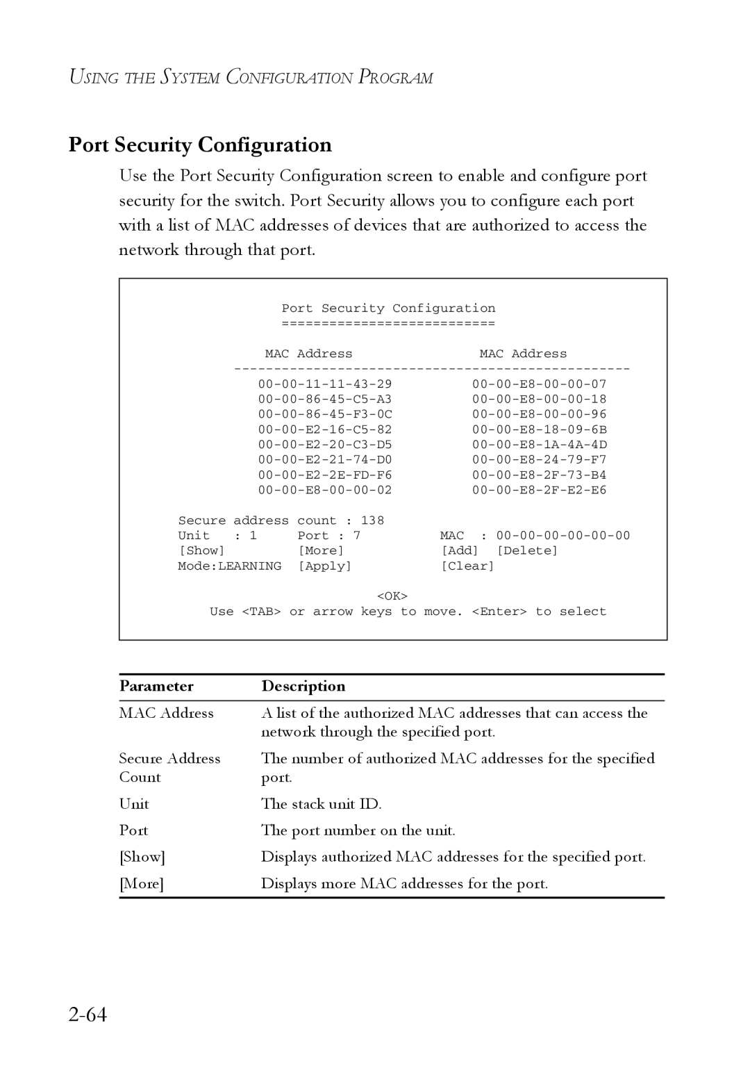 SMC Networks 1000BASE-X manual Port Security Configuration, Mac 