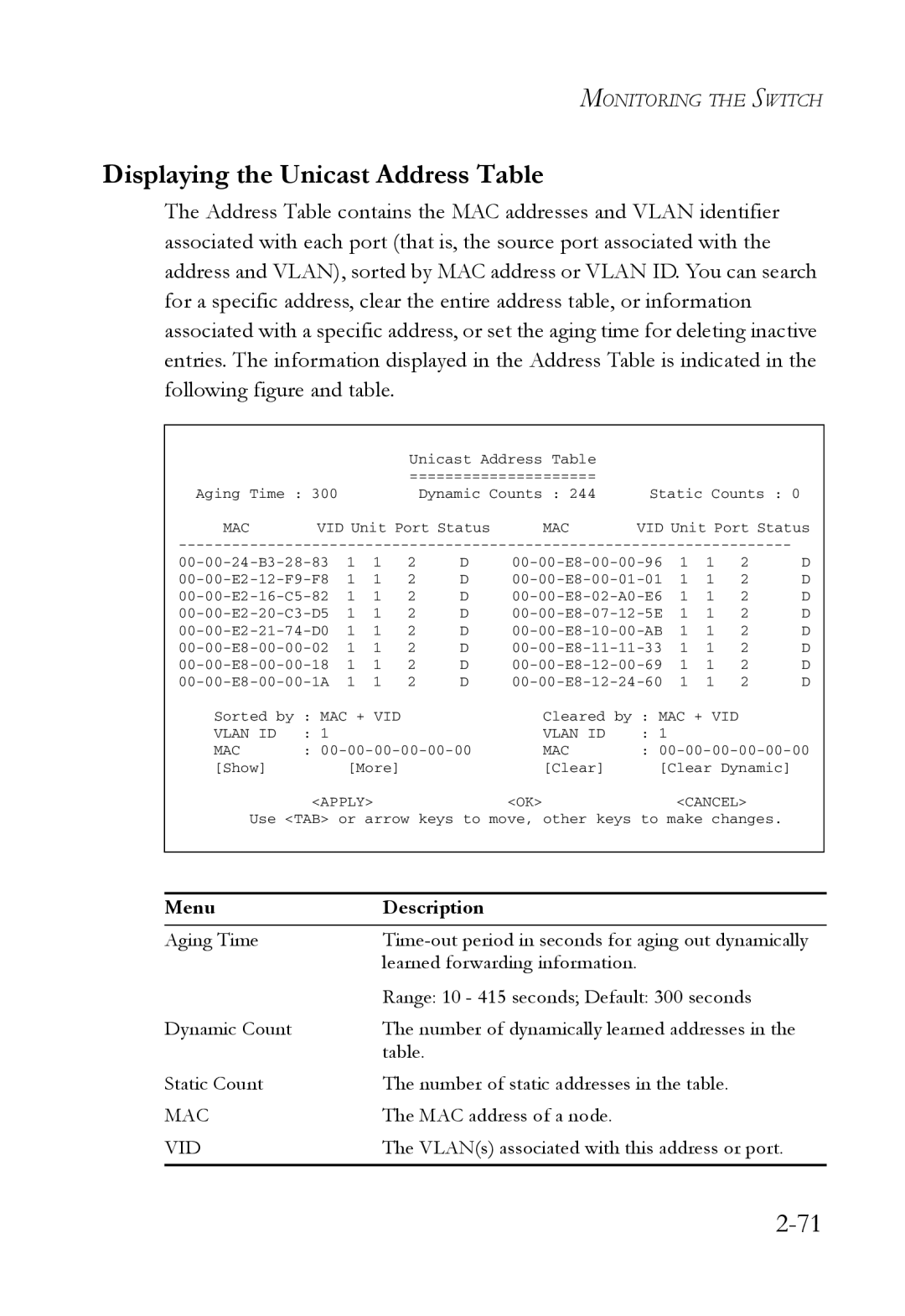 SMC Networks 1000BASE-X manual Displaying the Unicast Address Table 