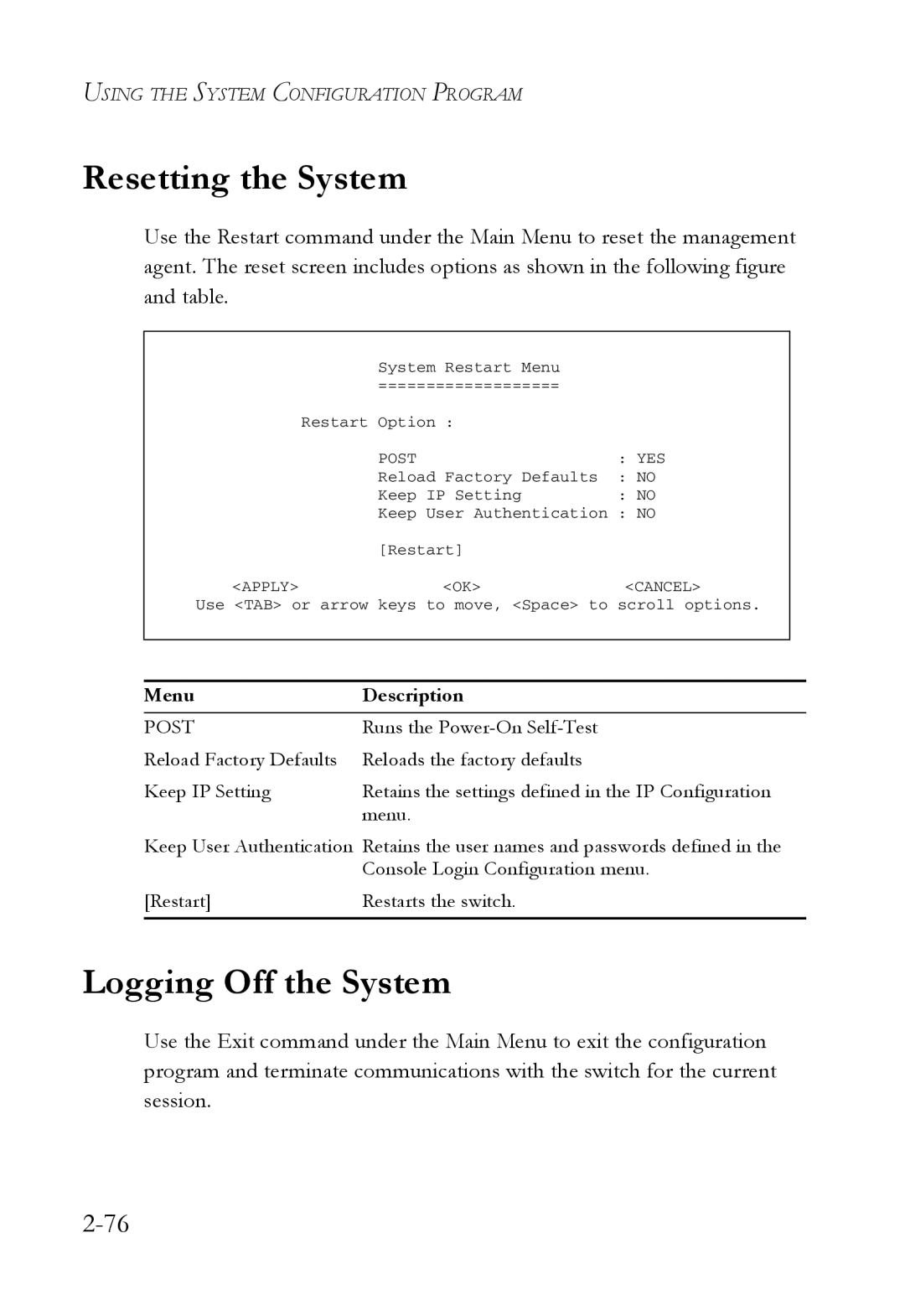 SMC Networks 1000BASE-X manual Resetting the System, Logging Off the System 