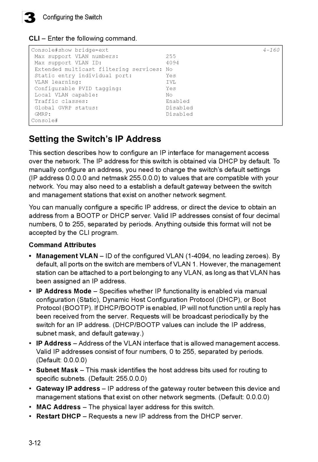 SMC Networks 100BASE-TX, 16 10BASE-T Setting the Switch’s IP Address, CLI Enter the following command, Command Attributes 